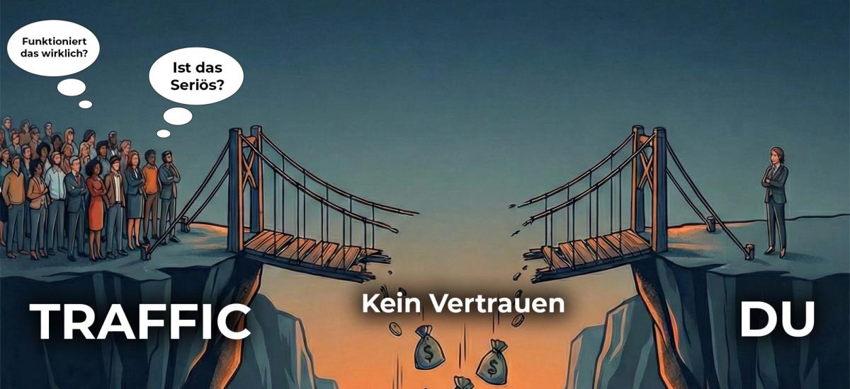 Illustration von einer Brücke zwischen Traffic und Vertrauen, die Testimonial und Bewertung symbolisiert.