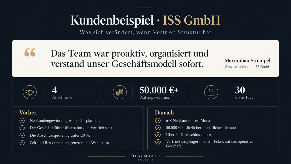 Dunkle Infografik zum Vertriebsteam aufbauen mit Kundenbeispiel ISS GmbH, Kennzahlen und Ergebnissen.