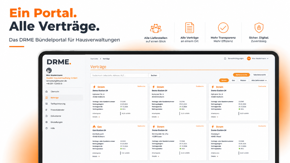 Screenshot des DRME Bündelportals für Hausverwaltungen mit Verträgen.