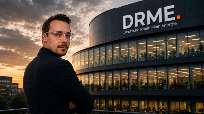 Mann vor dem Gebäude der DRME, das Energiekosten für Hausverwaltungen optimiert.