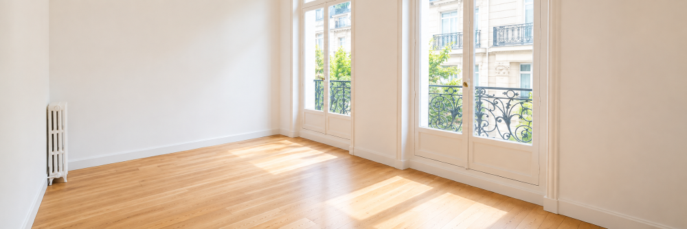 Leere Wohnung mit Fenster und Holzfußboden, passend zur Energieversorgung für Hausverwaltungen.