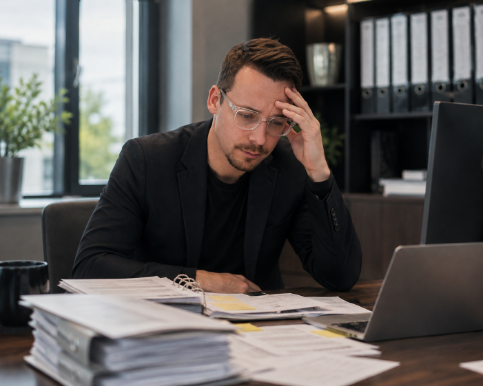 Gestresster Mann am Schreibtisch, der sich mit dem Energiemakler Service beschäftigt.