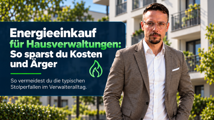 Mann steht vor einem Gebäude und erklärt Energieeinkauf für Hausverwaltungen, um Kosten zu sparen.