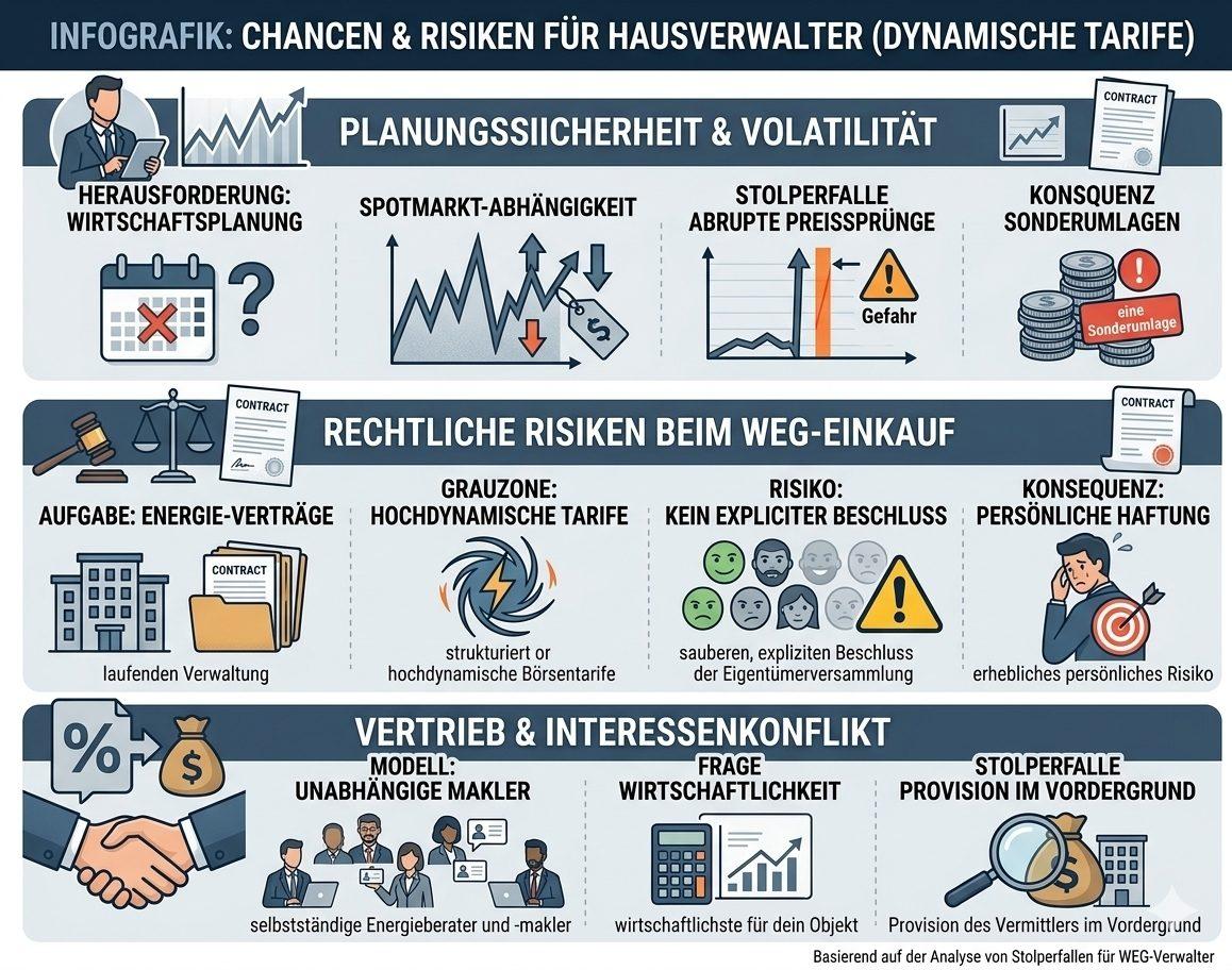 Infografik zu Chancen und Risiken beim Börsenstrom für WEGs und Hausverwalter.