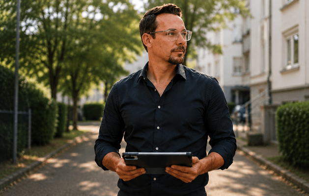 Ein Energiemakler hält ein iPad in der Stadt und bietet professionelle Beratung.