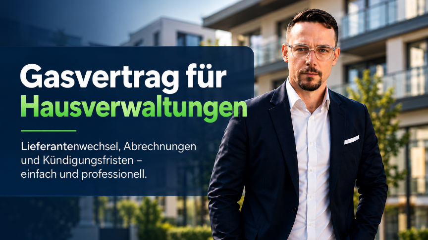 Mann mit Brille steht vor modernen Wohngebäuden und spricht über Gasverträge für Hausverwaltungen.