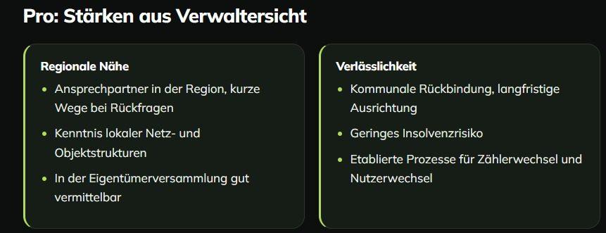 Stärken aus Verwaltersicht für Stadtwerke Essen: regionale Nähe und Verlässlichkeit.