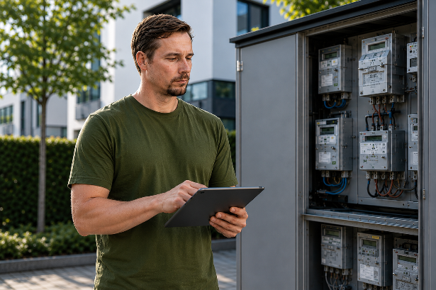 Mann schaut auf Tablet während der Energieversorgerwechsel und Ablesung von Stromzählern.