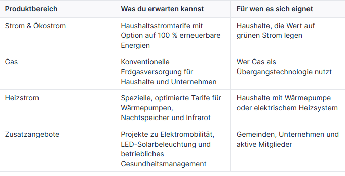 Produktübersicht zu Energiegenossenschaften mit günstigen Tarifen.
