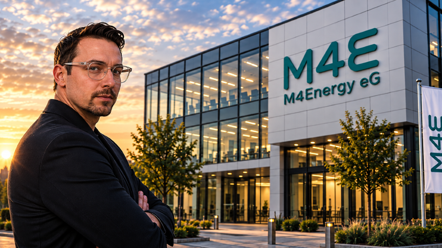 Eine Person steht vor dem M4E-Gebäude der Energiegenossenschaft.