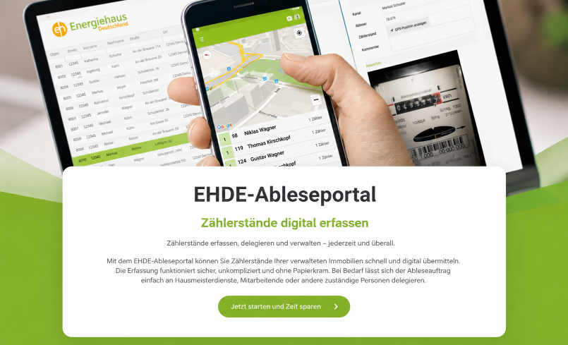 Screenshot des EHDE-Ableseportals zur digitalen Erfassung von Zählerständen.