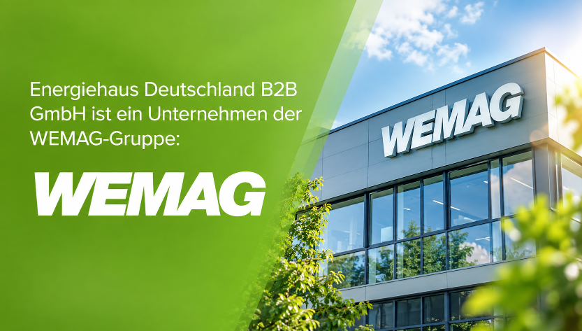 Das Gebäude der Energiehaus Deutschland B2B GmbH mit WEMAG-Logo.