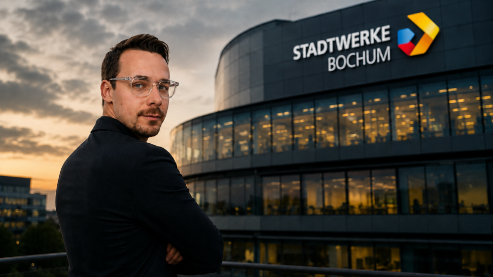 Mann im Anzug vor dem Gebäude der Stadtwerke Bochum bei Sonnenuntergang.