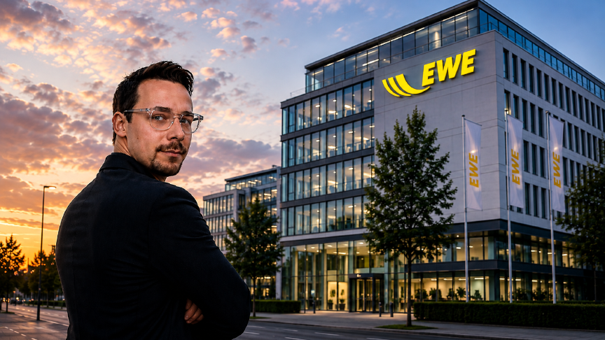 EWE Gebäude für Hausverwaltungen bei Sonnenuntergang.
