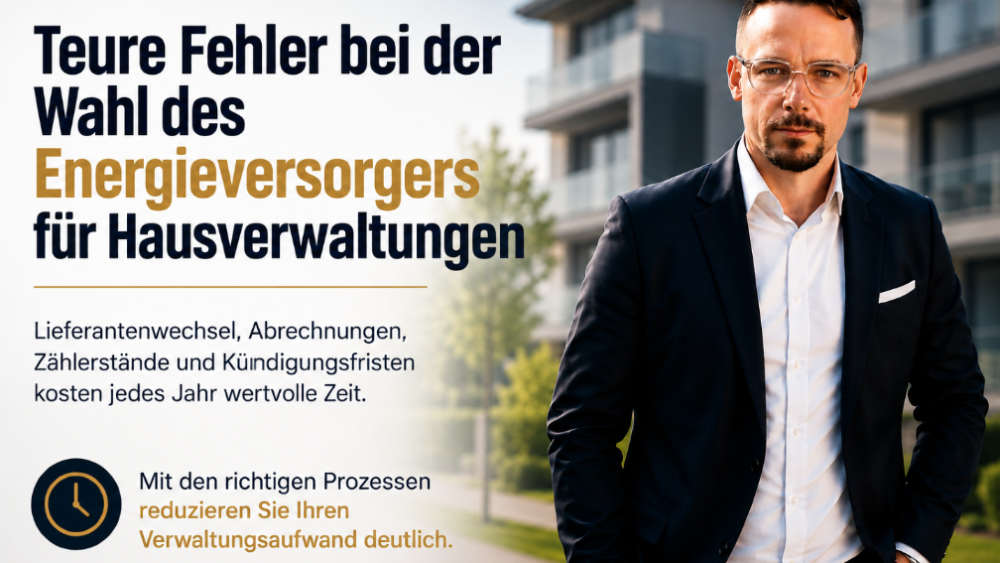 Mann steht vor einem modernen Wohngebäude und spricht über Energieversorger für Hausverwaltungen.