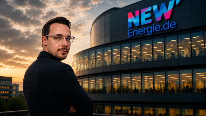 Mann vor dem Bürogebäude von Energieversorger NEW bei Sonnenuntergang.
