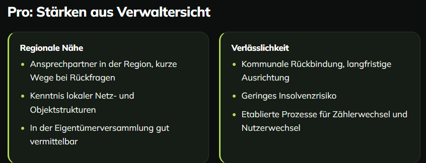 Stärken aus der Verwaltungssicht eines Energieversorgers für Hausverwalter.