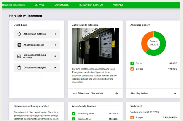 Screenshot eines Portals zur Zählerstandserfassung für Energieversorger in der Hausverwaltung.