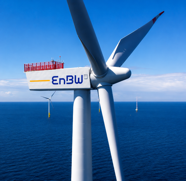 Offshore-Windkraftanlage von EnBW in einem blauen Meer.