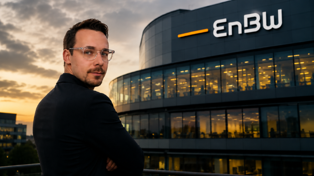 Mann steht vor dem EnBW-Bürogebäude, das für Hausverwaltungen relevant ist.