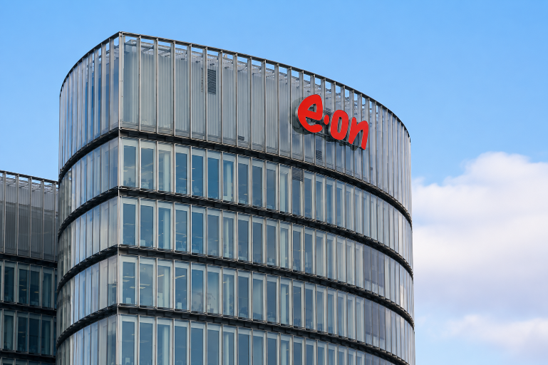Das Gebäude von E.ON, einem wichtigen Energie-Rahmenvertragspartner, unter blauem Himmel.