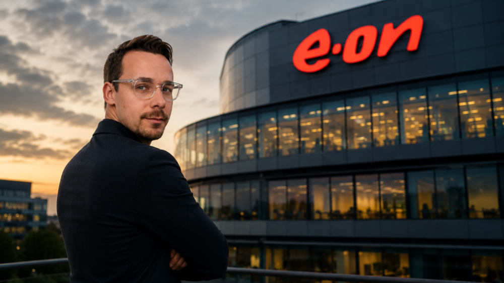 Mann steht vor dem E.ON Gebäude und repräsentiert den Energie-Rahmenvertragspartner.