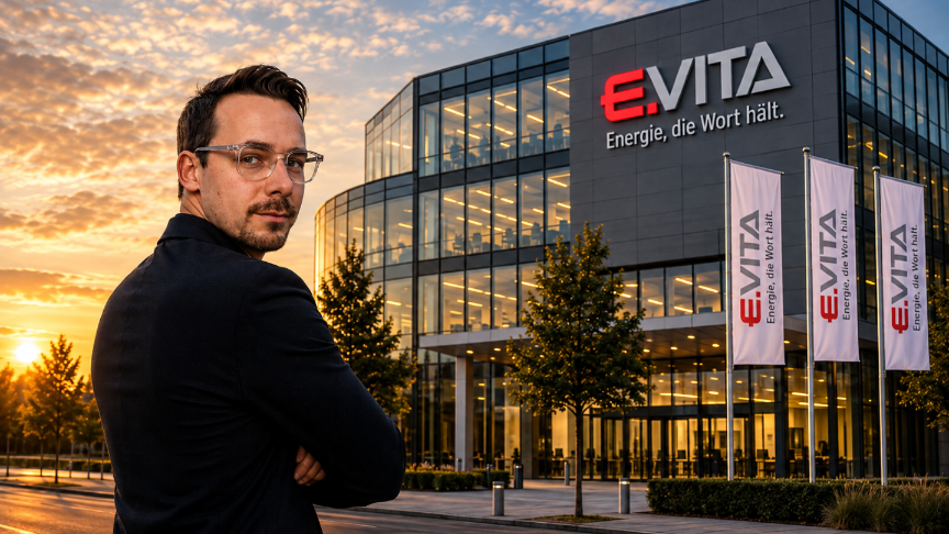 Mann vor dem EVITA Gebäude, das für die Hausverwaltung steht.