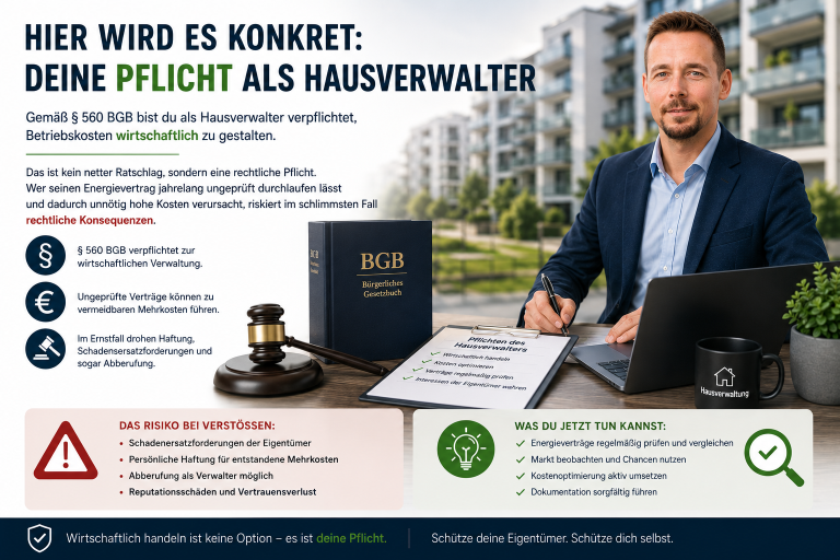 Gemäß § 560 BGB bist du als Hausverwalter verpflichtet, Betriebskosten wirtschaftlich zu gestalten.