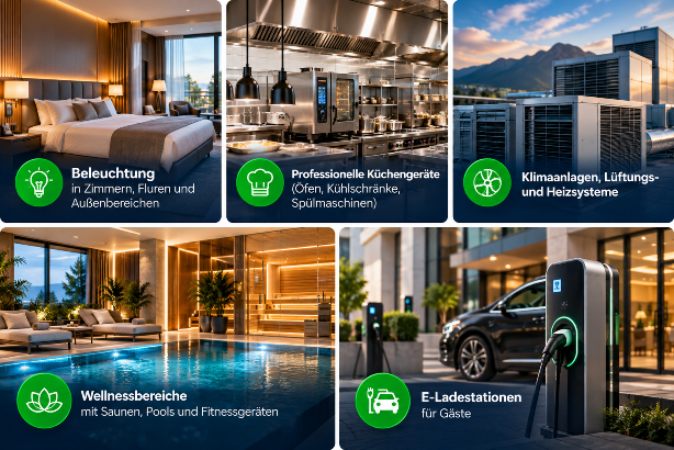 Effiziente Techniken zur Senkung der Stromkosten im Hotel, wie Beleuchtung, Küchentechnik und E-Ladestationen.