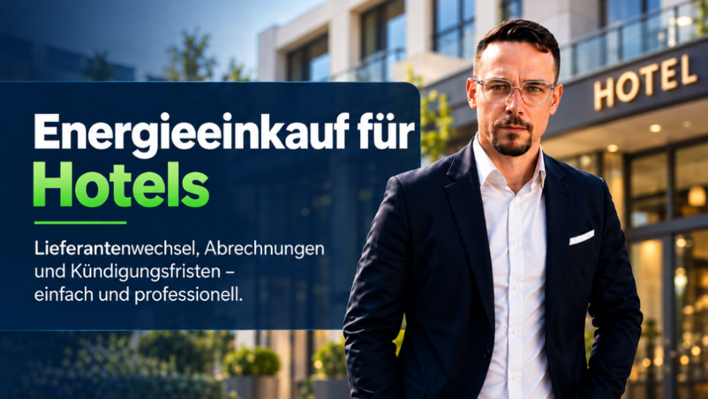 Mann mit Brille steht vor einem Hotel und spricht über Energieeinkauf für Hotels.