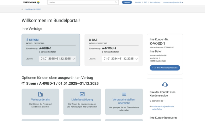 Screenshot des Bündeportals für Energieverträge zur Verwaltung von Objekten.