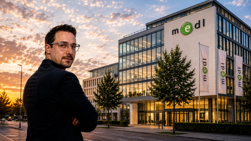 Das medl Gebäude mit einem Mann im Vordergrund, der die Aussicht auf den Stromvertrag für Vermieter genießt.