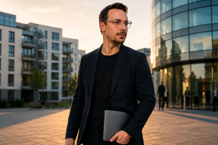 Ein Businessmann in der Stadt, der über den Unterschied zwischen Energieberater und Energiemakler nachdenkt.