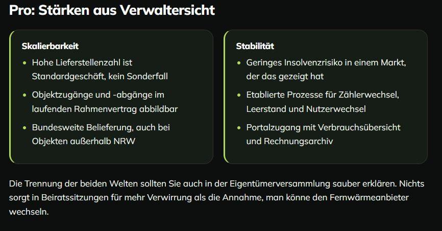 Stärken aus Verwaltersicht der Stadtwerke Duisburg, inklusive Lieferzeit und Stabilität.