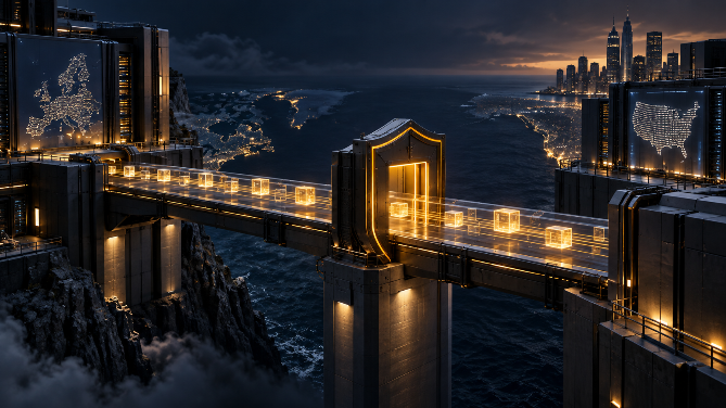 Futuristische Brücke in der Nacht, symbolisiert GoHighLevel Datenschutz.
