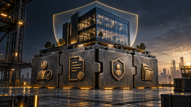 Moderne Gebäude mit Schutzschild-Symbolen für GoHighLevel Datenschutz.