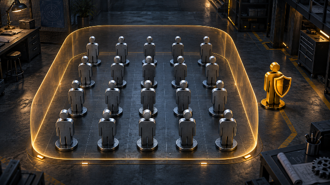 Roboterfiguren in einem lichtumrandeten Bereich, symbolisieren GoHighLevel Datenschutz.