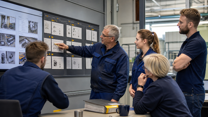 Ein Team diskutiert digitale Kommunikation im Betrieb an einem Bildschirm.