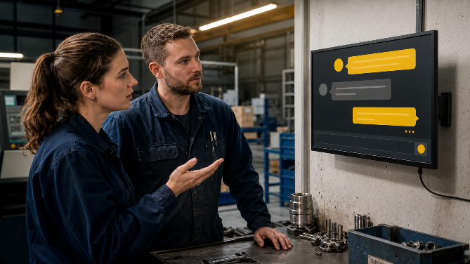 Zwei Mitarbeiter diskutieren an einem Monitor über das digitale Wissensmanagement.