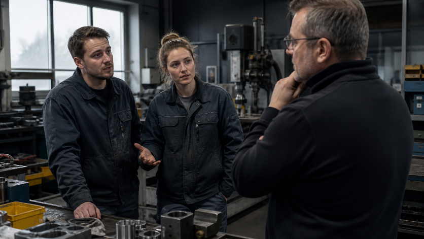 Zwei Mitarbeiter diskutieren mit einem Vorgesetzten über Wissen im Unternehmen in der Werkstatt.