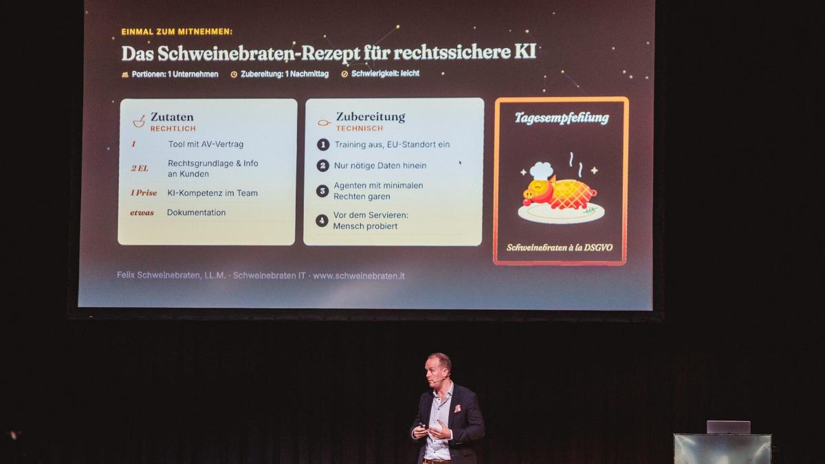 Präsentation über rechtssichere KI mit Schweinebraten-Beispiel.