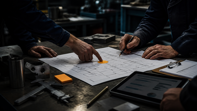 Zwei Personen analysieren Pläne zur Prozessoptimierung im Handwerk.