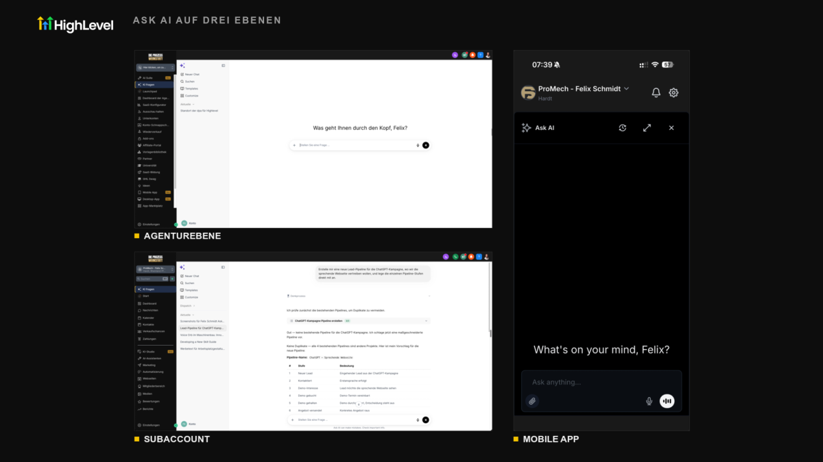 Screenshot von Ask AI in HighLevel, digitaler Mitarbeiter zur Verwaltung.