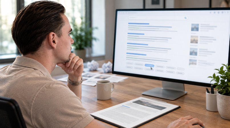 Mann am Computer recherchiert zur Themenwahl für Artikel.
