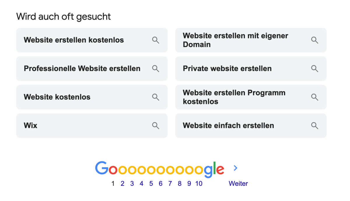 Suchanfragen für Website erstellen kostenlos, angezeigt bei Google.