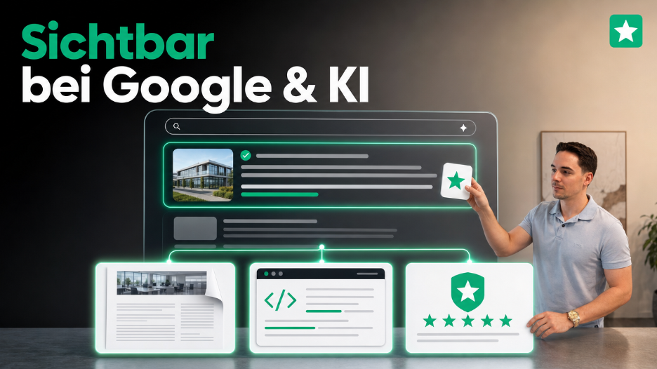 Mann zeigt auf Bildschirm mit Ergebnissen, sichtbar bei Google und KI.