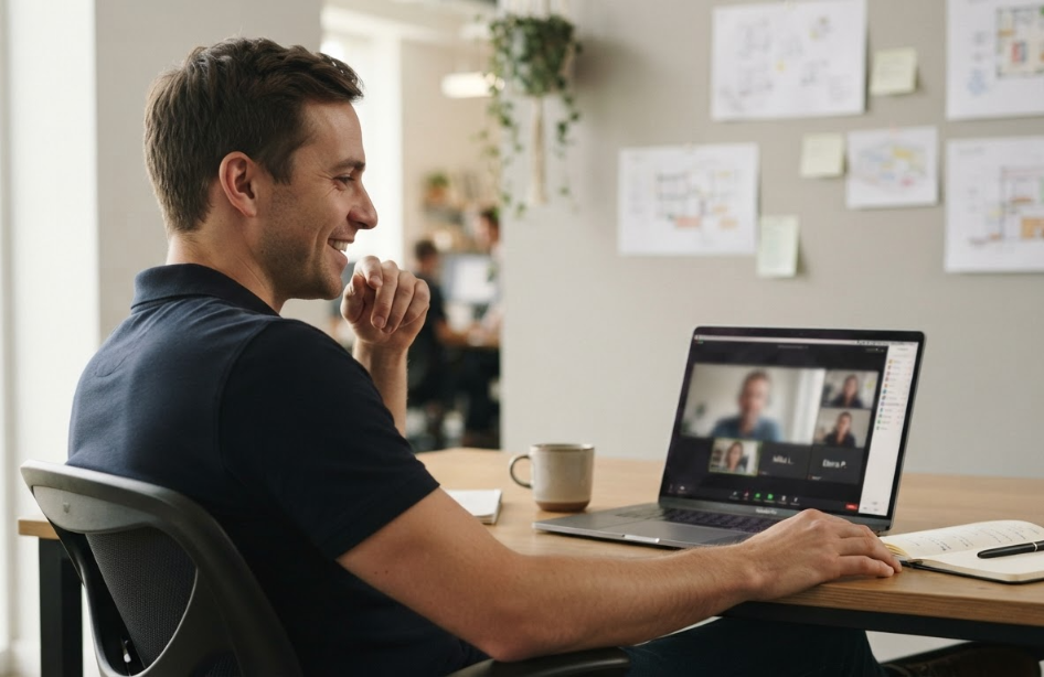 Mann am Laptop führt ein Videotelefonat über Kundenbewertungen.