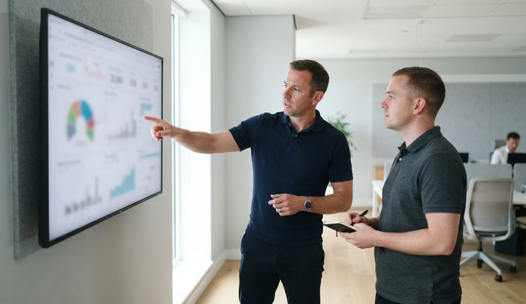 Zwei Personen analysieren Daten zur Wichtigkeit von Kundenbewertungen für die Glaubwürdigkeit.