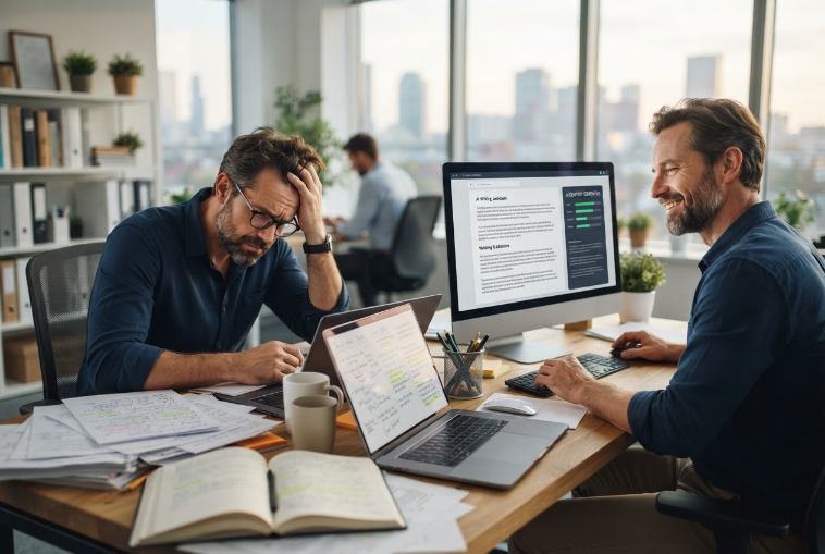 Zwei Männer im Büro diskutieren Strategien zur Sichtbarkeit von Blogartikeln.