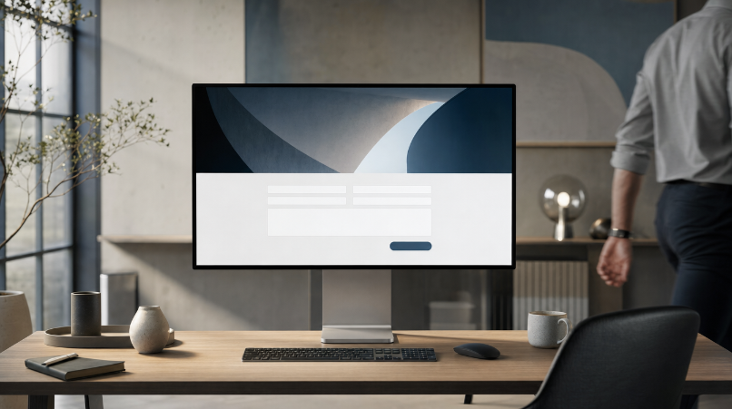 Moderner Arbeitsplatz mit einem Monitor, der eine Webseite zur Anfragegenerierung zeigt.